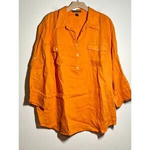 Lauren Ralph Lauren Pumpkin Orange 100% Linen Camp Shirt Roll Tab Sleeves 3X